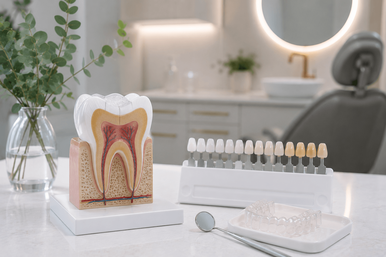 A cross-section tooth model beside a shade guide and a clear whitening tray on a clinic counter